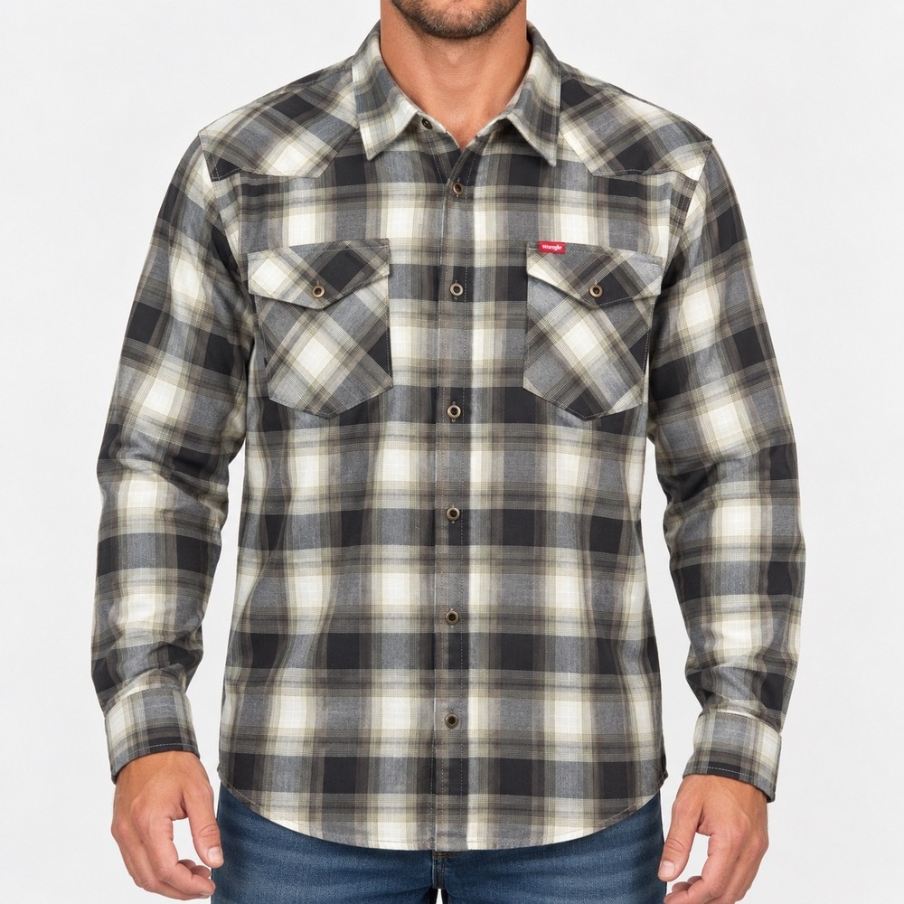 Wrangler 3XL Button Down Shirt Mens Grey Plaid Western Stretch Long Sleeve